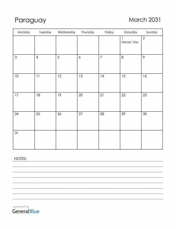 March 2031 Paraguay Calendar with Holidays (Monday Start)