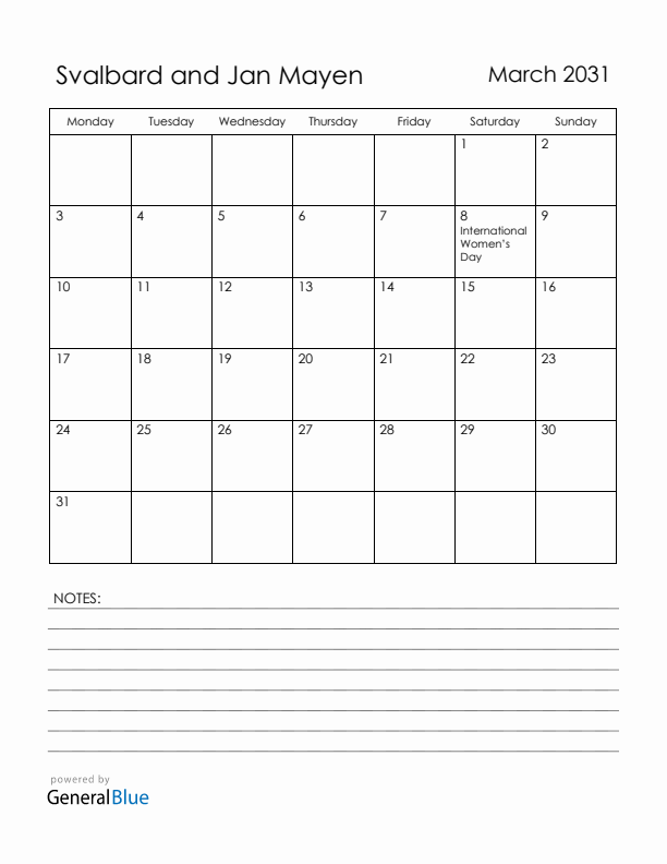 March 2031 Svalbard and Jan Mayen Calendar with Holidays (Monday Start)