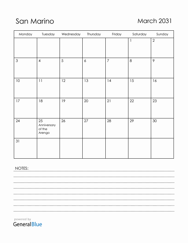 March 2031 San Marino Calendar with Holidays (Monday Start)