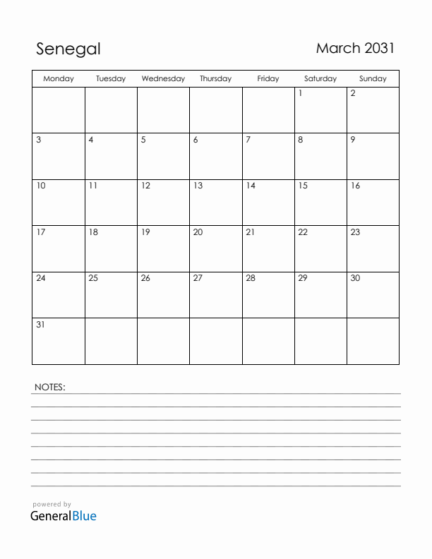 March 2031 Senegal Calendar with Holidays (Monday Start)
