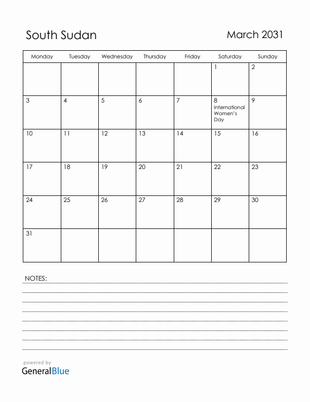March 2031 South Sudan Calendar with Holidays (Monday Start)