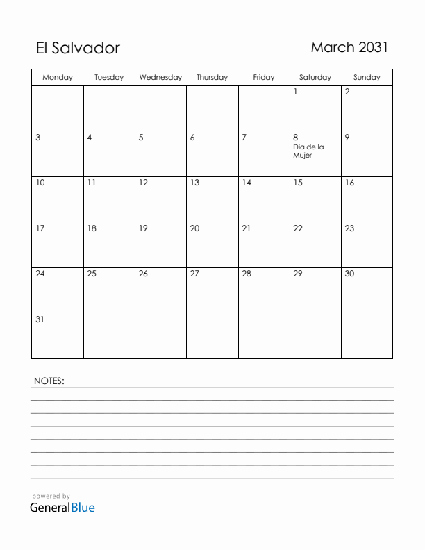 March 2031 El Salvador Calendar with Holidays (Monday Start)