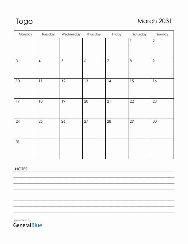 March 2031 Togo Calendar with Holidays (Monday Start)