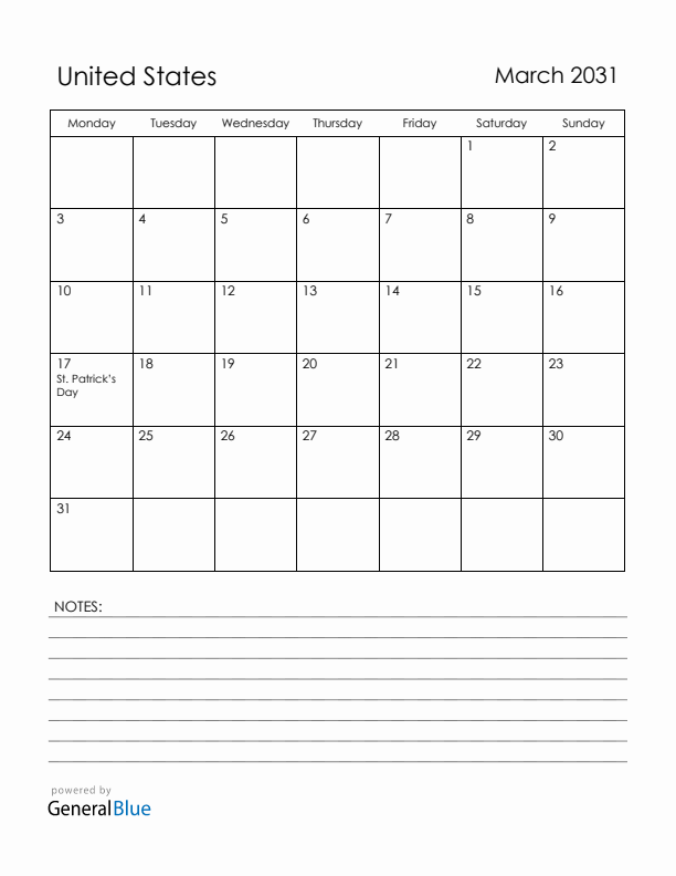March 2031 United States Calendar with Holidays (Monday Start)