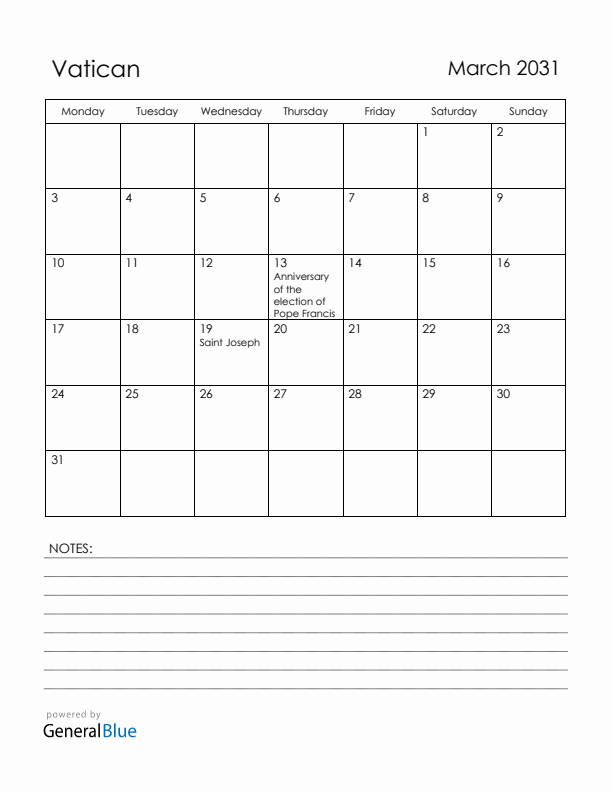 March 2031 Vatican Calendar with Holidays (Monday Start)