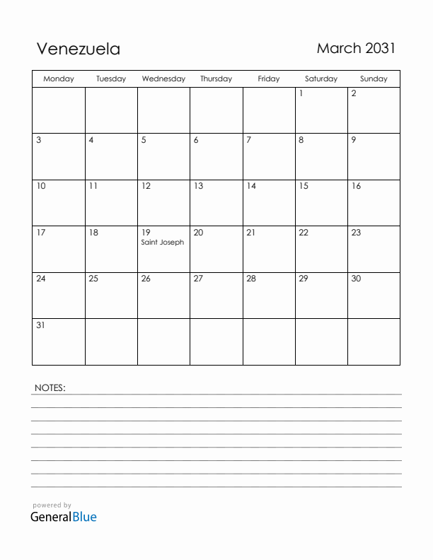 March 2031 Venezuela Calendar with Holidays (Monday Start)