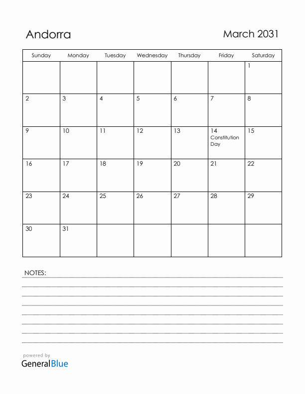 March 2031 Andorra Calendar with Holidays (Sunday Start)