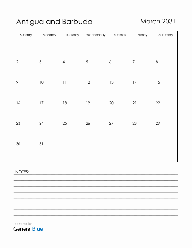 March 2031 Antigua and Barbuda Calendar with Holidays (Sunday Start)
