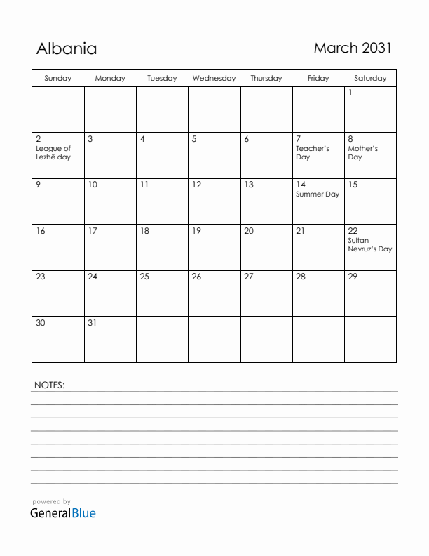 March 2031 Albania Calendar with Holidays (Sunday Start)