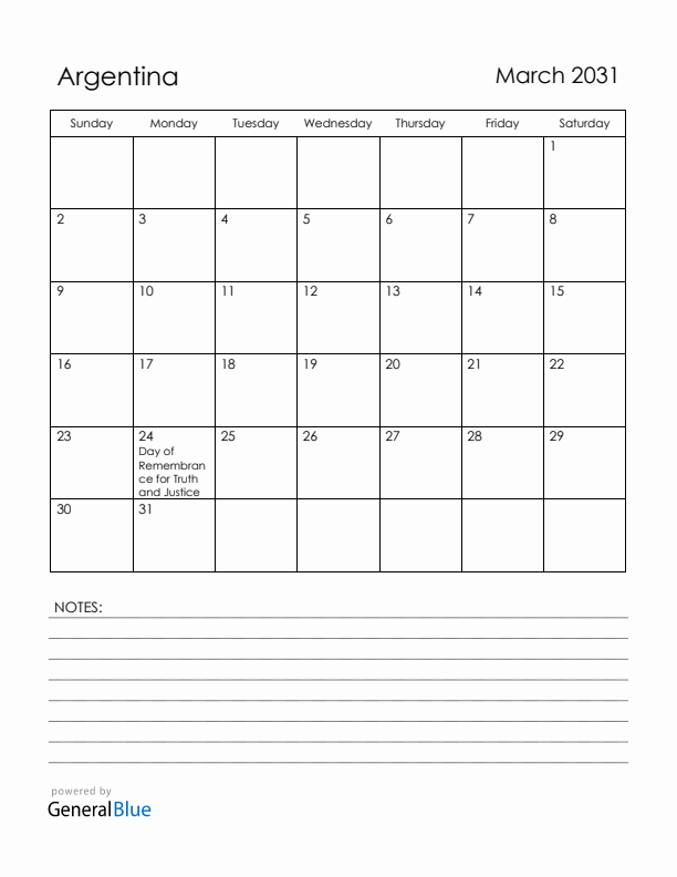 March 2031 Argentina Calendar with Holidays (Sunday Start)