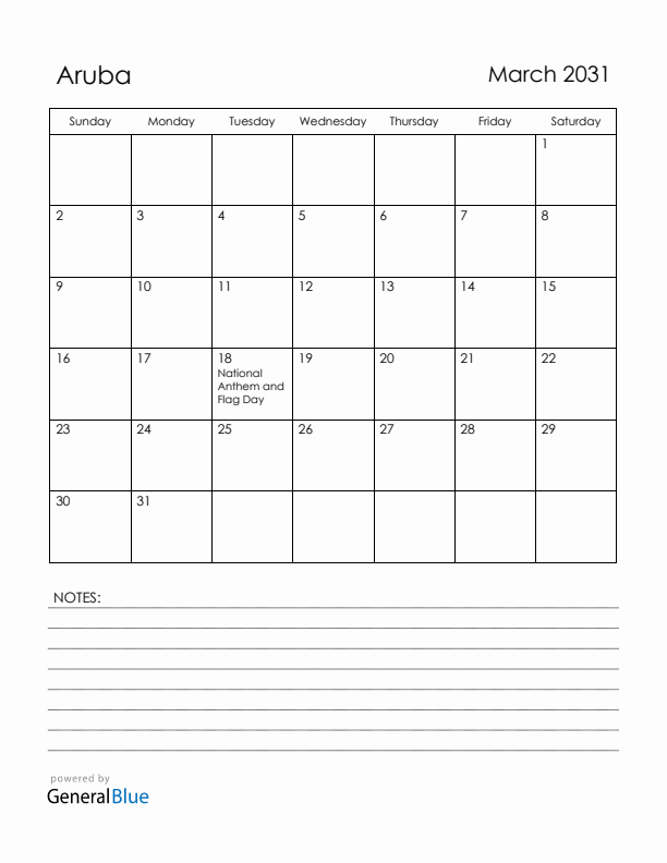 March 2031 Aruba Calendar with Holidays (Sunday Start)