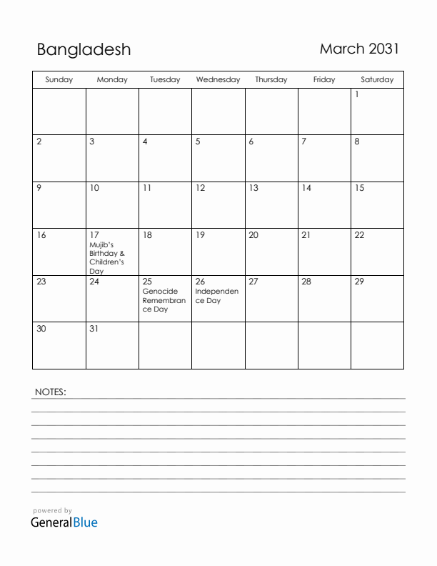 March 2031 Bangladesh Calendar with Holidays (Sunday Start)