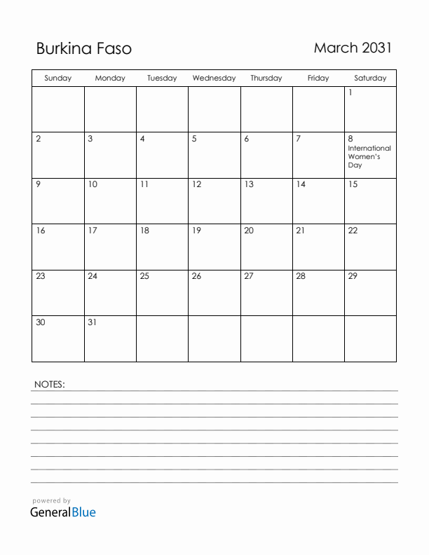 March 2031 Burkina Faso Calendar with Holidays (Sunday Start)