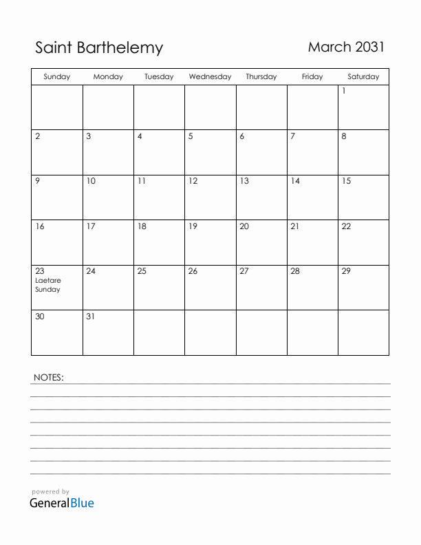 March 2031 Saint Barthelemy Calendar with Holidays (Sunday Start)