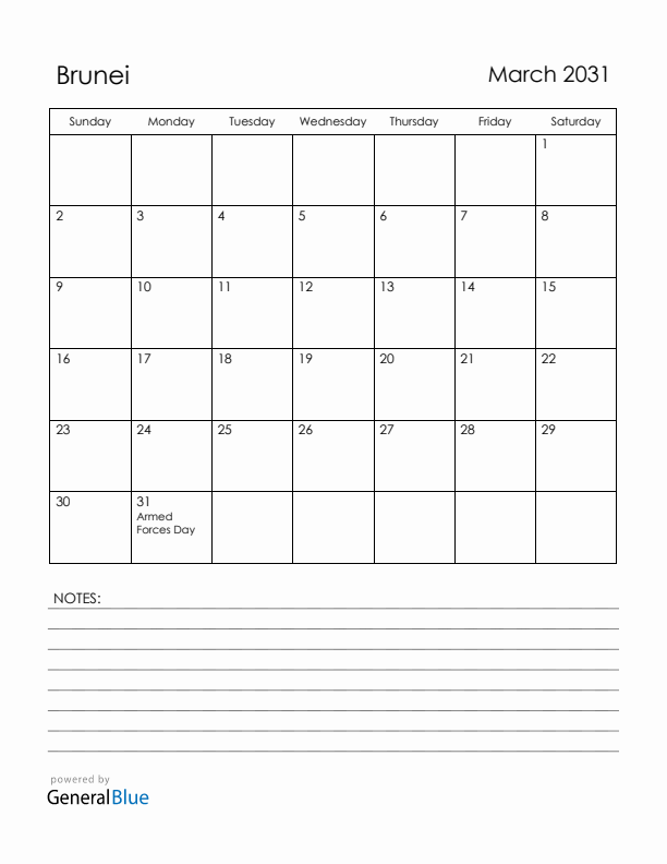 March 2031 Brunei Calendar with Holidays (Sunday Start)