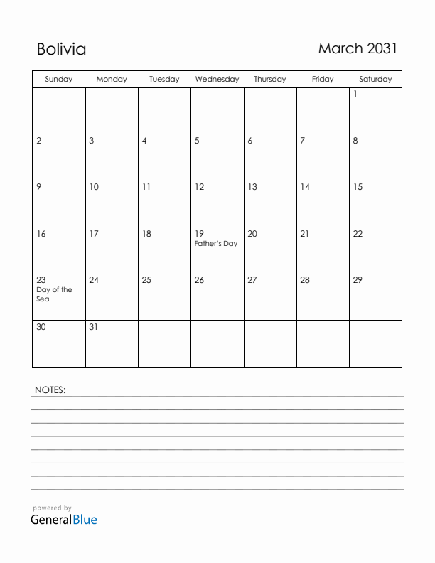 March 2031 Bolivia Calendar with Holidays (Sunday Start)