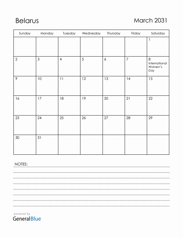 March 2031 Belarus Calendar with Holidays (Sunday Start)