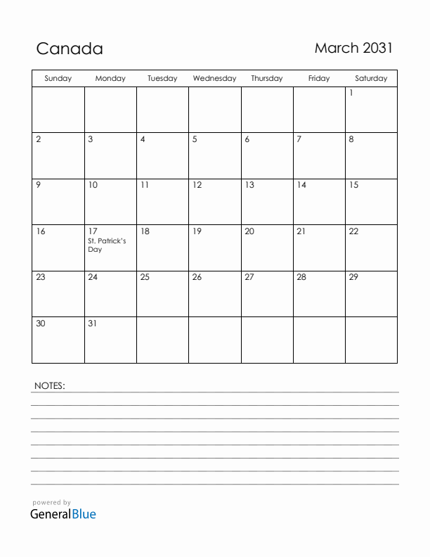 March 2031 Canada Calendar with Holidays (Sunday Start)