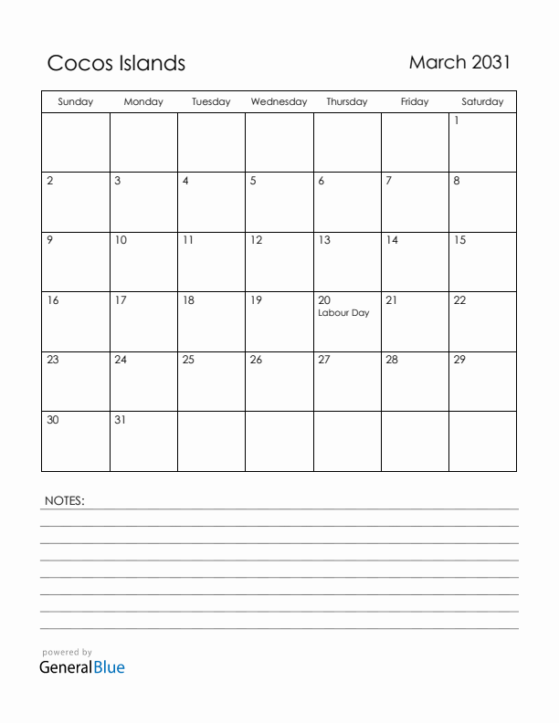 March 2031 Cocos Islands Calendar with Holidays (Sunday Start)