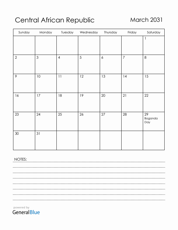 March 2031 Central African Republic Calendar with Holidays (Sunday Start)