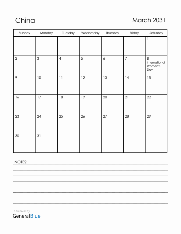 March 2031 China Calendar with Holidays (Sunday Start)