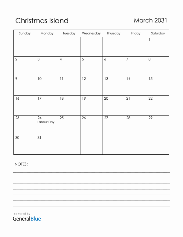 March 2031 Christmas Island Calendar with Holidays (Sunday Start)