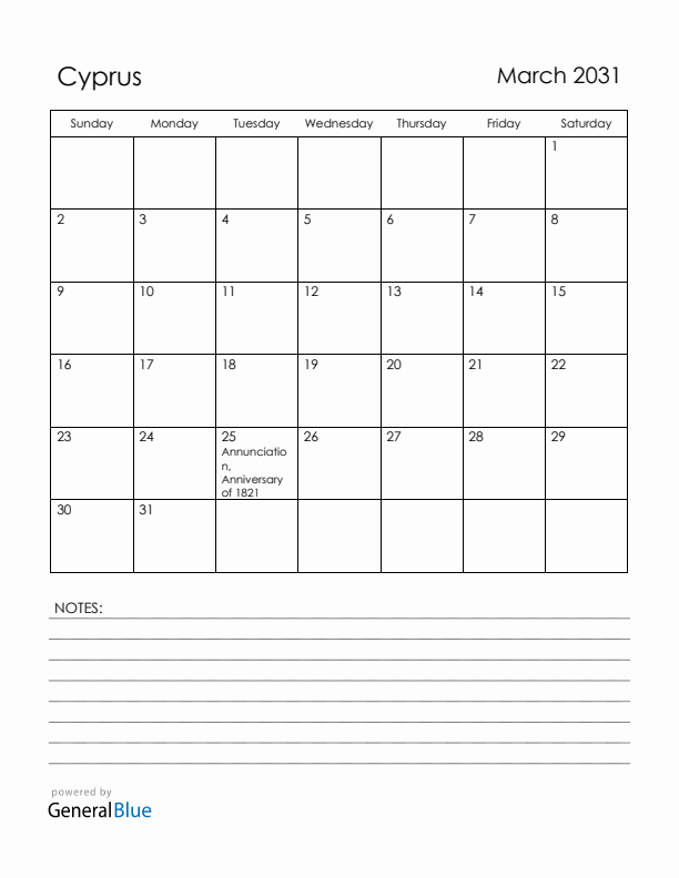 March 2031 Cyprus Calendar with Holidays (Sunday Start)