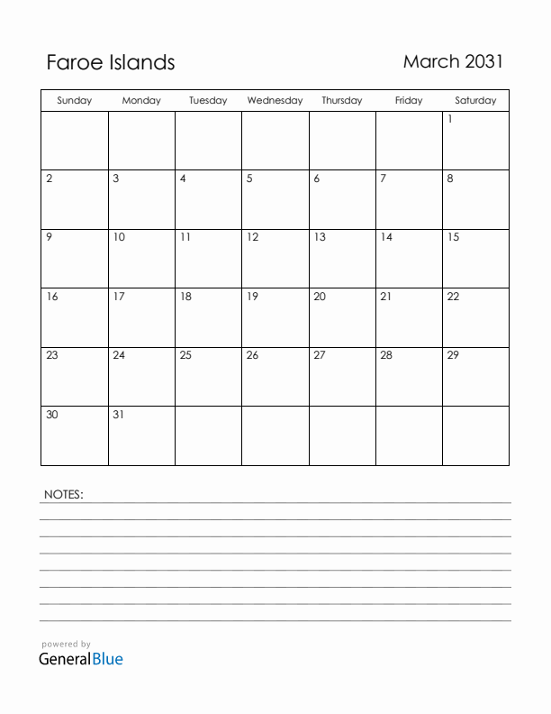 March 2031 Faroe Islands Calendar with Holidays (Sunday Start)