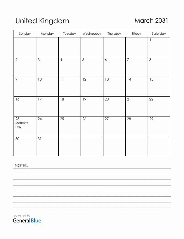 March 2031 United Kingdom Calendar with Holidays (Sunday Start)