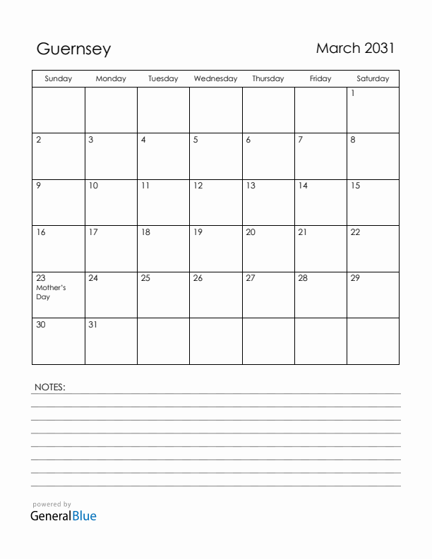 March 2031 Guernsey Calendar with Holidays (Sunday Start)