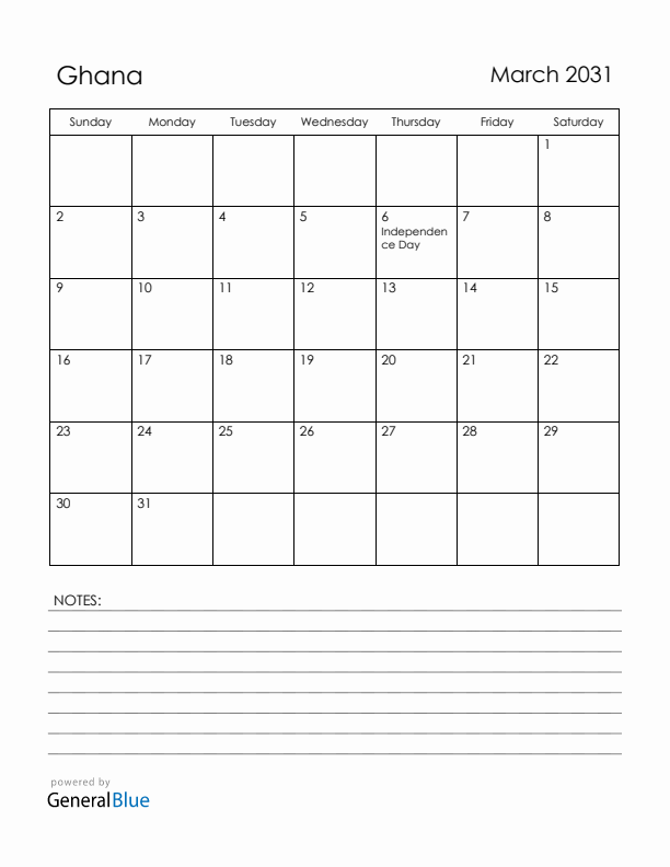 March 2031 Ghana Calendar with Holidays (Sunday Start)