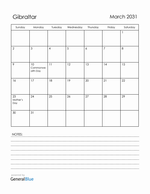 March 2031 Gibraltar Calendar with Holidays (Sunday Start)