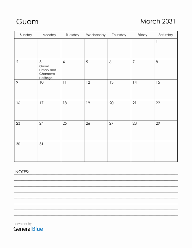 March 2031 Guam Calendar with Holidays (Sunday Start)