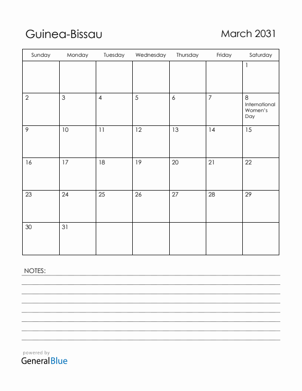 March 2031 Guinea-Bissau Calendar with Holidays (Sunday Start)