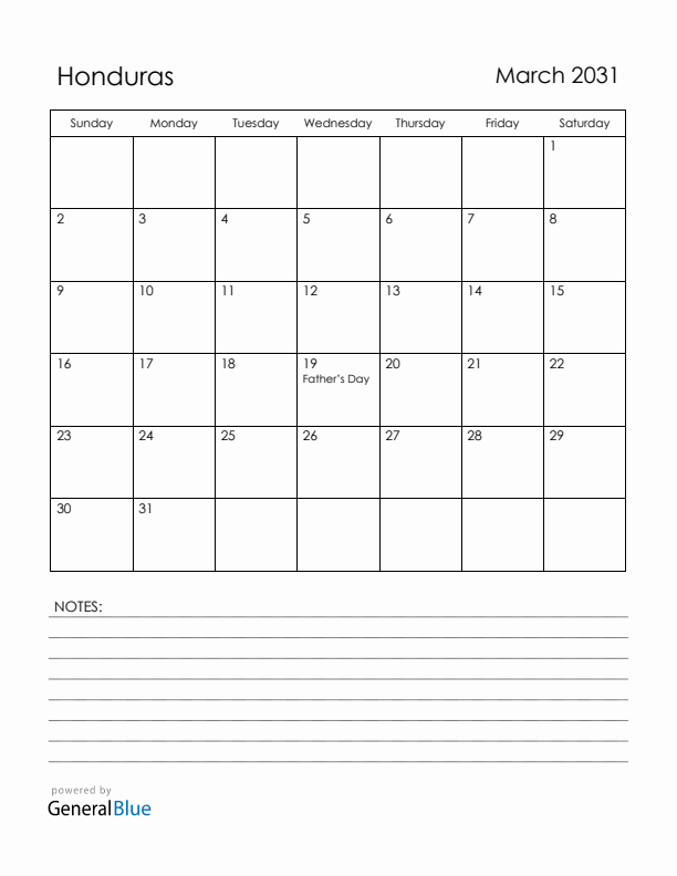 March 2031 Honduras Calendar with Holidays (Sunday Start)