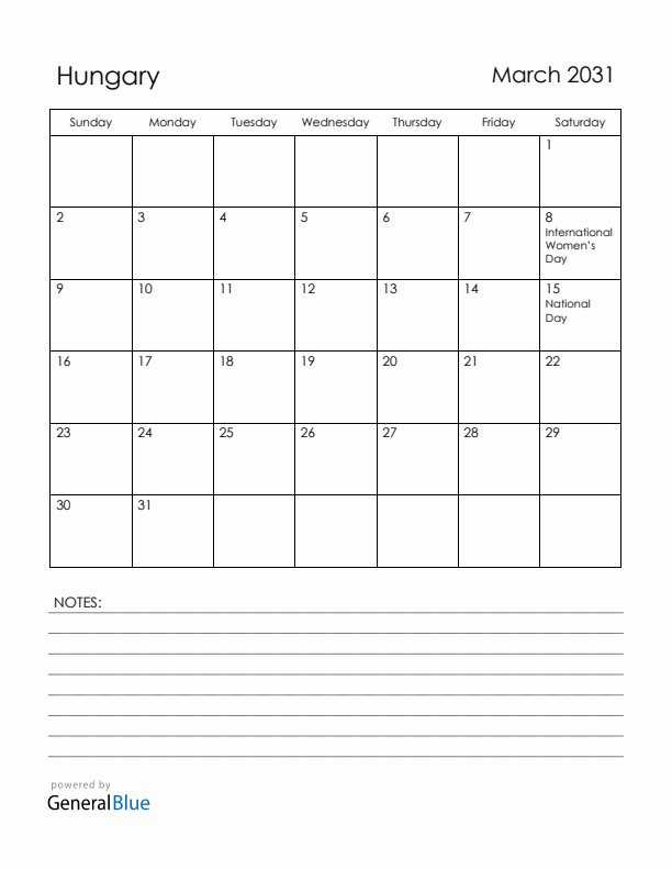 March 2031 Hungary Calendar with Holidays (Sunday Start)