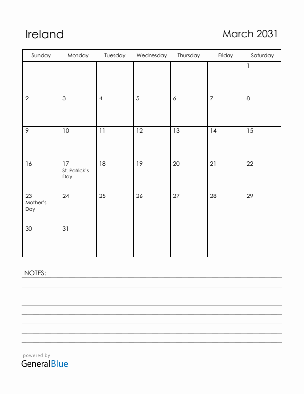 March 2031 Ireland Calendar with Holidays (Sunday Start)
