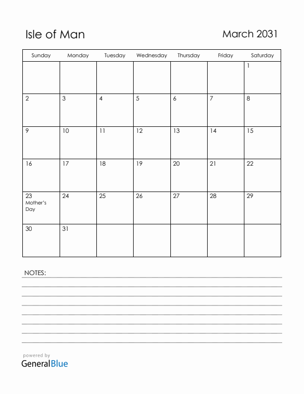 March 2031 Isle of Man Calendar with Holidays (Sunday Start)