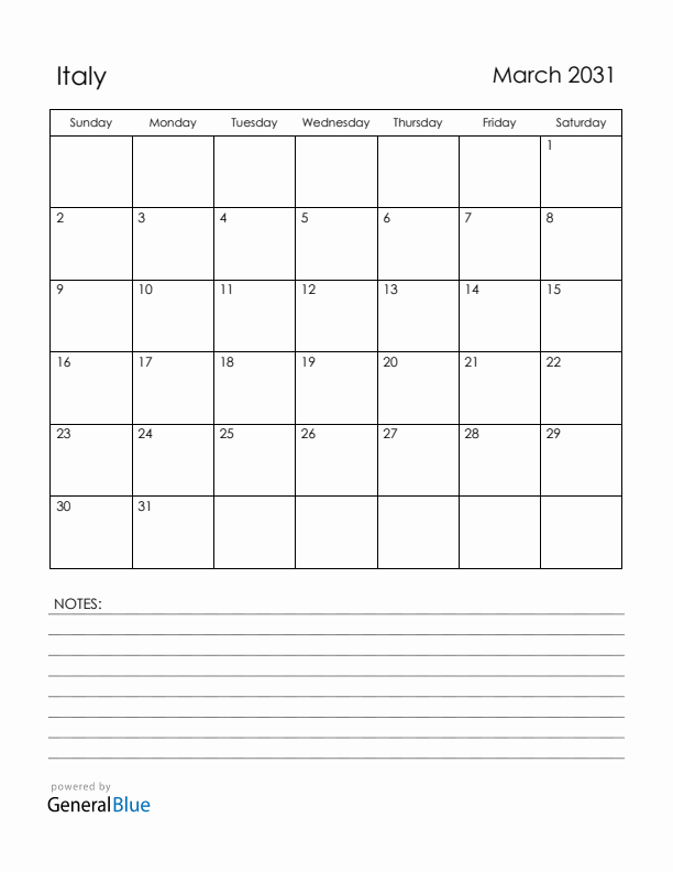 March 2031 Italy Calendar with Holidays (Sunday Start)