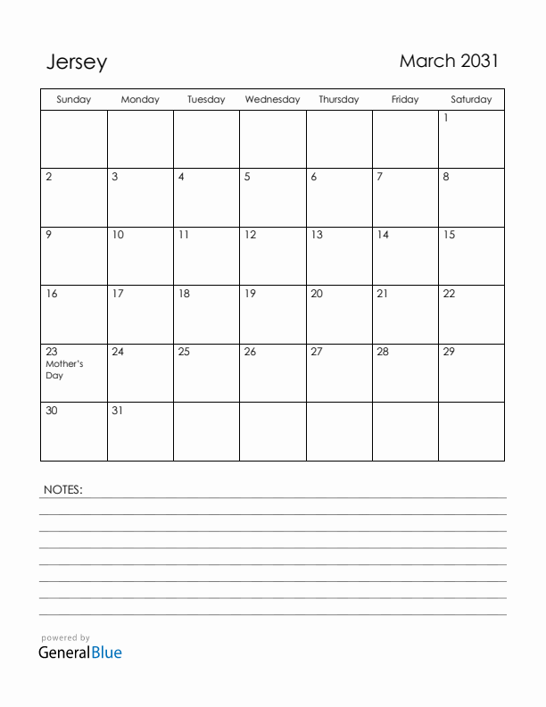 March 2031 Jersey Calendar with Holidays (Sunday Start)