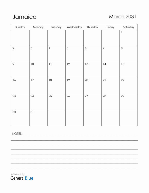 March 2031 Jamaica Calendar with Holidays (Sunday Start)