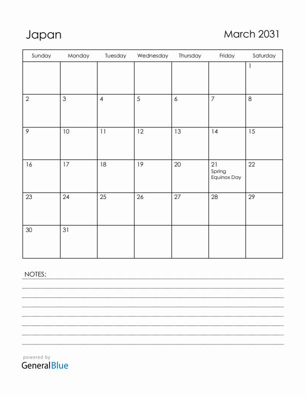 March 2031 Japan Calendar with Holidays (Sunday Start)