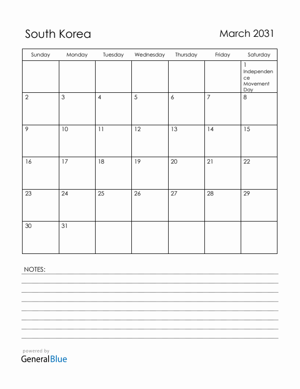 March 2031 South Korea Calendar with Holidays (Sunday Start)