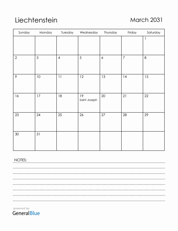 March 2031 Liechtenstein Calendar with Holidays (Sunday Start)