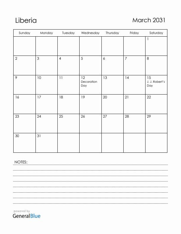 March 2031 Liberia Calendar with Holidays (Sunday Start)