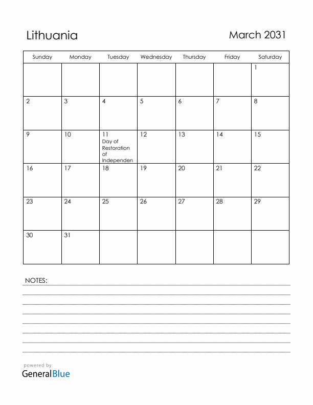 March 2031 Lithuania Calendar with Holidays (Sunday Start)