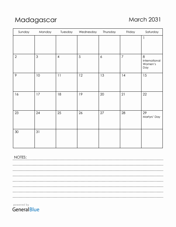 March 2031 Madagascar Calendar with Holidays (Sunday Start)