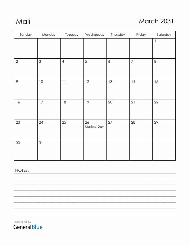 March 2031 Mali Calendar with Holidays (Sunday Start)