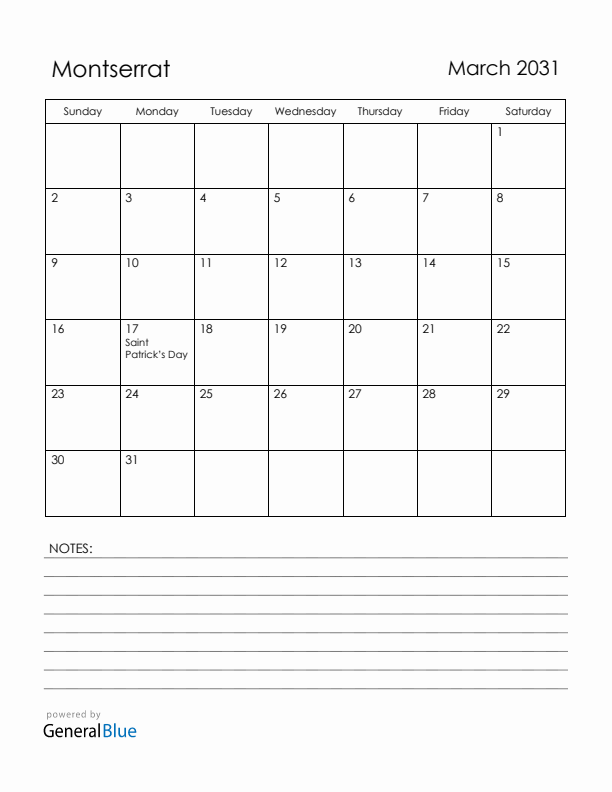 March 2031 Montserrat Calendar with Holidays (Sunday Start)