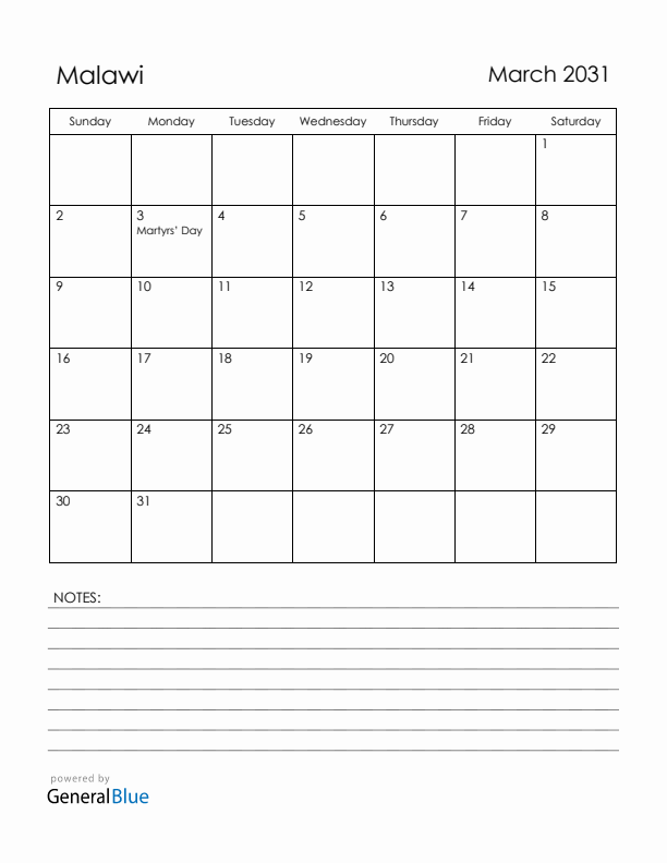 March 2031 Malawi Calendar with Holidays (Sunday Start)